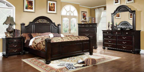 5 Pc. Syracuse Dark Walnut Finish Classic Style Oval Headboard Poster Bed Queen Bed Set