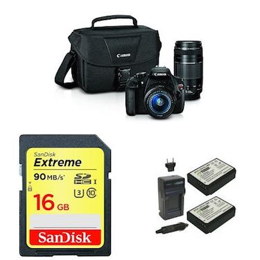 Canon EOS Rebel T5 Digital SLR Camera with EF-S 18-55mm IS II + EF 75-300mm f/4-5.6 III Bundle + Memory Card and Battery